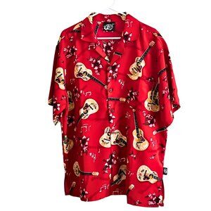 Swank! Red Hawaiian Shirt Uluwatu Men's XL Guitars, Hibiscus, ALOHA!